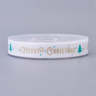 Kerstlint grosgrain wit merry christmas 15 mm breed