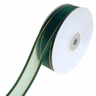 Organza satijn lint met goud lurex randje 25 mm donker groen