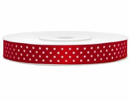 Satijn lint 25 mm rood met witte stippen