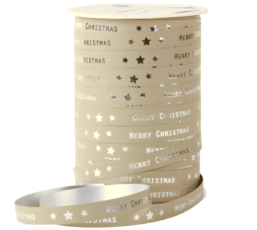 Krullint merry christmas beige zilver print 10 meter