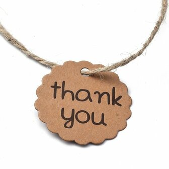 Kraft labels rond geschulpt thank you met hennep touwtje 10 stuks