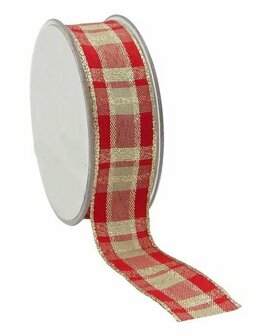 Schotse ruit lint goud rood 2.5 cm breed met ijzerdraad