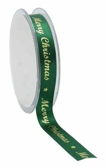 Satijn lint merry christmas groen met goud bedrukking 15 mm breed