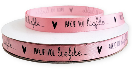 Satijn lint roze pakje vol liefde 12 mm breed 5 meter