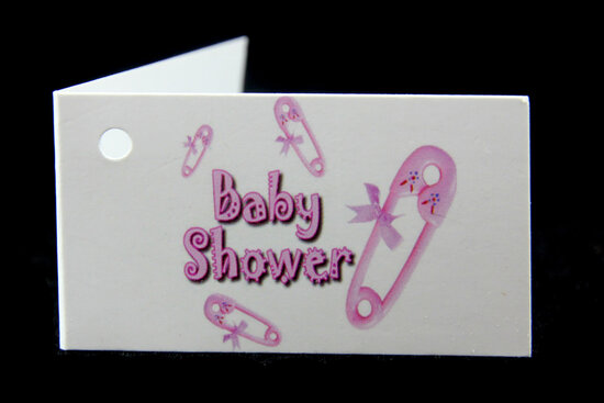 Kaartjes voor doopsuiker babyshower speld roze