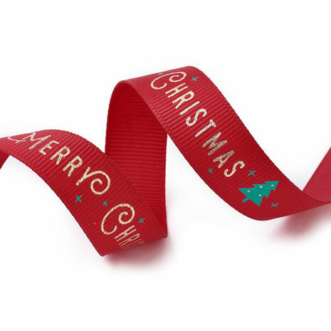 Kerstlint grosgrain rood merry christmas 15 mm breed