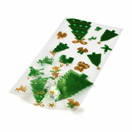 Cellofaan zakjes groen goud kerstboom zonder plakstrip 12.5 x 27 cm 10 stuks