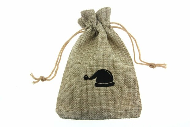 Jute look zakjes 9.5 x 13.5 cm kerstman muts zwart