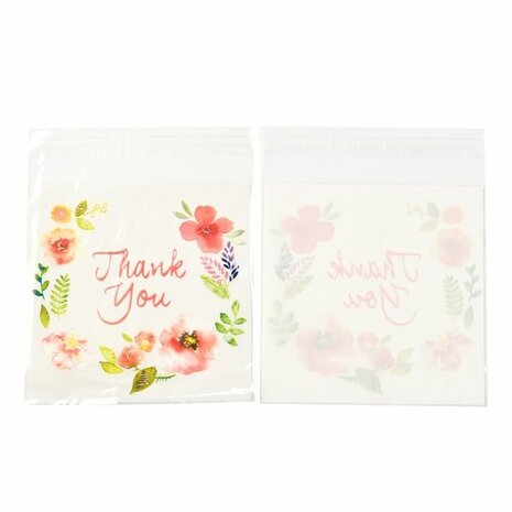 Cellofaan zakjes met plakstrip Thank you bloemen en bladeren