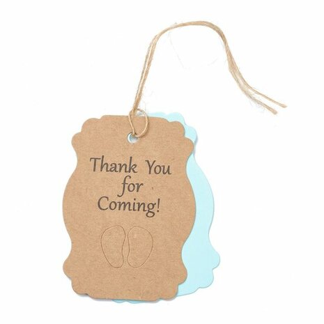 Kraft label thank you for coming blauwe babyvoetjes, dubbel label en hennep touwtje 10 stuks